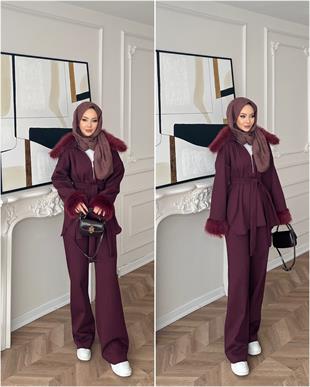 Lila Kürk Detaylı Takım Bordo