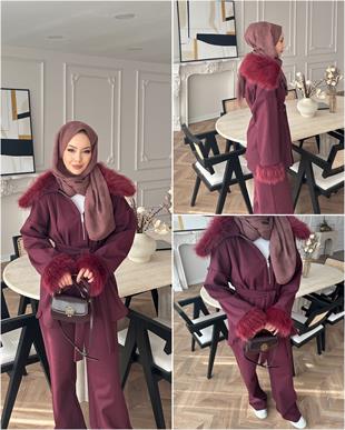 Lila Kürk Detaylı Takım Bordo