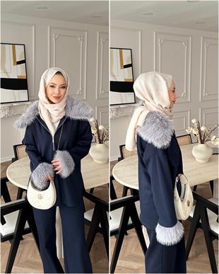 Lila Kürk Detaylı Takım Lacivert
