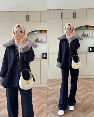 Lila Kürk Detaylı Takım Lacivert