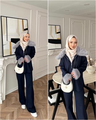 Lila Kürk Detaylı Takım Lacivert