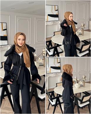 Lila Kürk Detaylı Takım Siyah