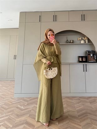 Lilas Asimetrik Kesim Pantolon Takım Yağ Yeşili (4479)