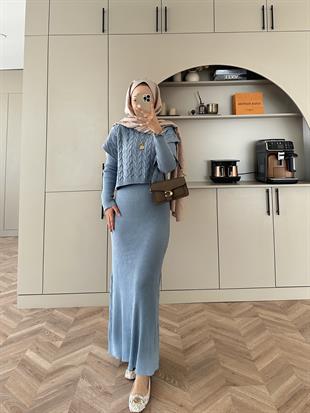 Lilyum İç Elbiseli Süveter Takım Bebe Mavisi