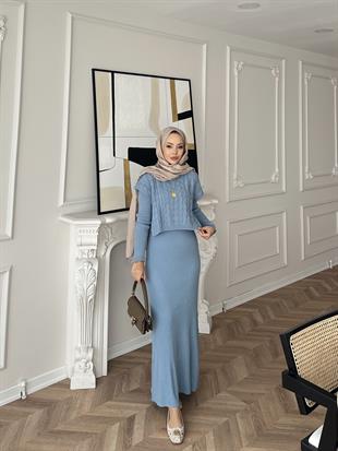 Lilyum İç Elbiseli Süveter Takım Bebe Mavisi