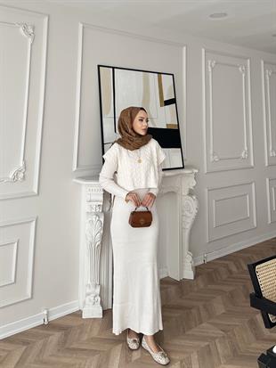 Lilyum İç Elbiseli Süveter Takım Bej