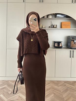 Lilyum İç Elbiseli Süveter Takım Kahve