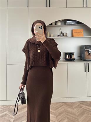 Lilyum İç Elbiseli Süveter Takım Kahve