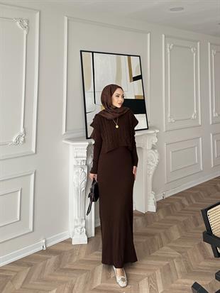 Lilyum İç Elbiseli Süveter Takım Kahve