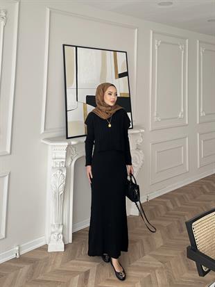 Lilyum İç Elbiseli Süveter Takım Siyah