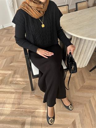 Lilyum İç Elbiseli Süveter Takım Siyah