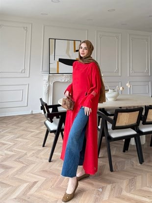 Lina Yırtmaçlı Bluz Kırmızı (4507)