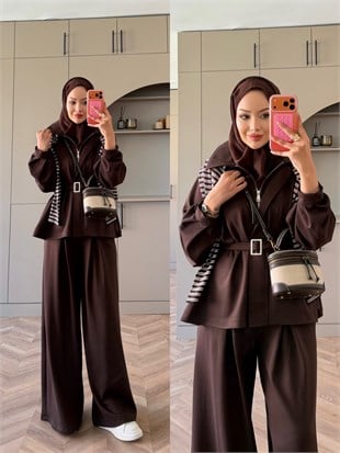 Linel Fermuarlı Pantolon Takım Kahve (4555)
