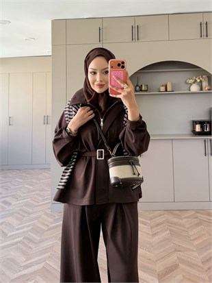 Linel Fermuarlı Pantolon Takım Kahve (4555)
