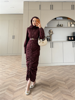 Liora Büzgülü Elbise Bordo (538)