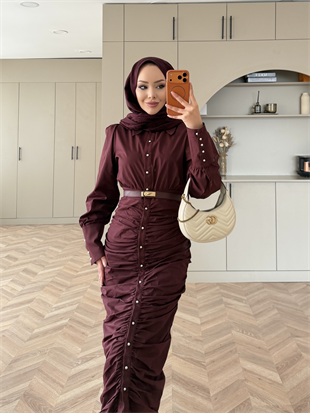 Liora Büzgülü Elbise Bordo (538)