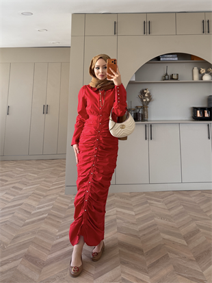 Liora Büzgülü Elbise Kırmızı (538)