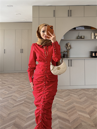 Liora Büzgülü Elbise Kırmızı (538)