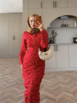 Liora Büzgülü Elbise Kırmızı (538)