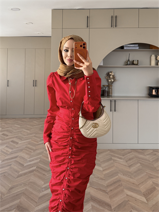 Liora Büzgülü Elbise Kırmızı (538)