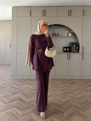 Broş Kemer Detaylı Modal Takım Bordo (4401) 