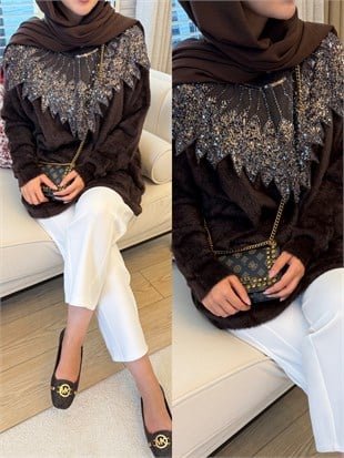 Liza İşlemeli Angora Kazak Kahve (2650)