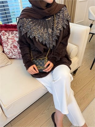 Liza İşlemeli Angora Kazak Kahve (2650)