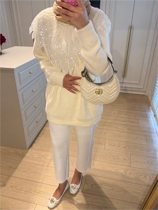 Liza İşlemeli Angora Kazak Ekru (2650) 
