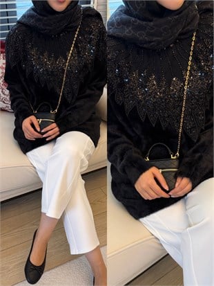Liza İşlemeli Angora Kazak Siyah (2650)