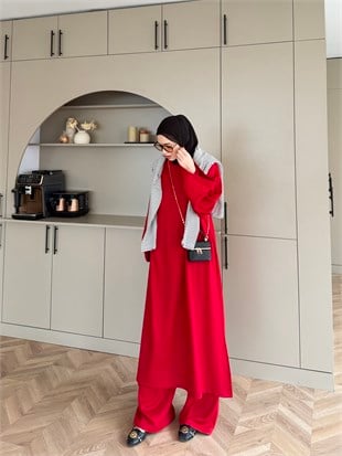 Louchy Yırtmaçlı Pantolonlu Takım Kırmızı (8083)