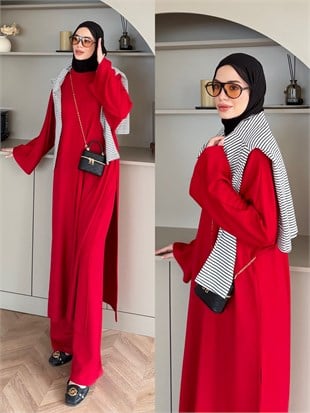 Louchy Yırtmaçlı Pantolonlu Takım Kırmızı (8083)
