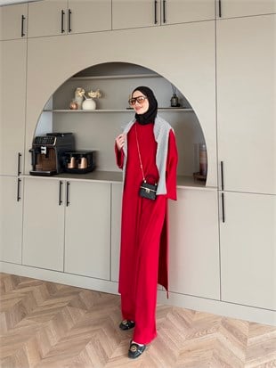 Louchy Yırtmaçlı Pantolonlu Takım Kırmızı (8083)