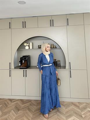 Lucinda Çizgili Keten Takım İndigo