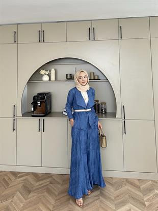 Lucinda Çizgili Keten Takım İndigo