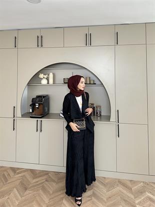 Lucinda Çizgili Keten Takım Siyah