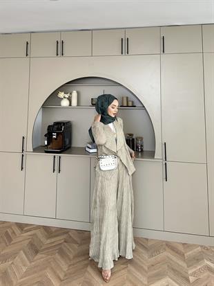 Lucinda Çizgili Keten Takım Vizon