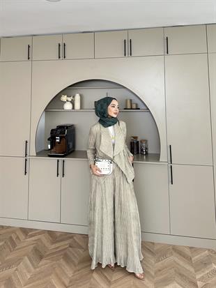 Lucinda Çizgili Keten Takım Vizon