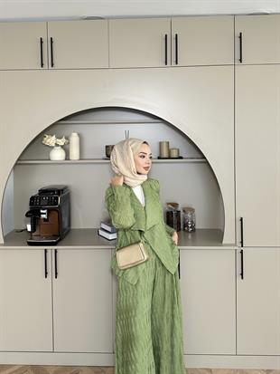 Lucinda Çizgili Keten Takım Yeşil