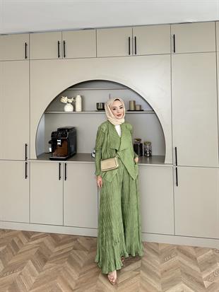 Lucinda Çizgili Keten Takım Yeşil