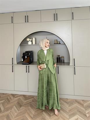 Lucinda Çizgili Keten Takım Yeşil