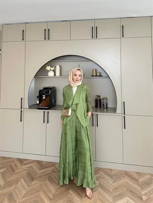 Lucinda Çizgili Keten Takım Yeşil