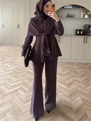 Lumar Pelerin Detaylı Pantolonlu Takım Mürdüm (2364)