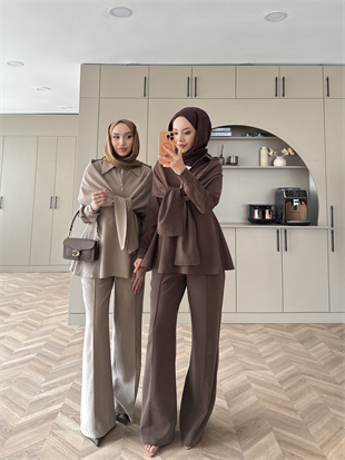 Lumar Pelerin Detaylı Pantolonlu Takım Kahve (2364)