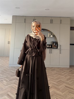 Lume Çiçek Baskılı Etekli Takım Acı Kahve (8023)