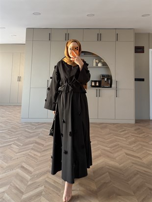 Luma Çiçek Baskılı Etekli Takım Siyah (8023)