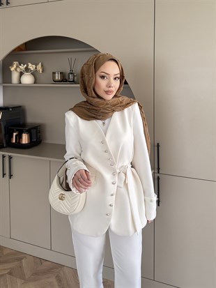 Luser Düğme Detaylı Ceket Takım Beyaz 