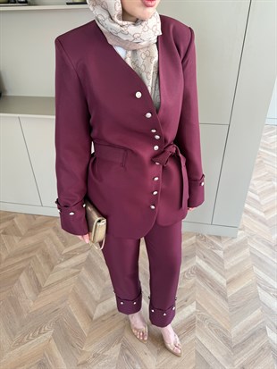 Luser Düğme Detaylı Ceket Takım Bordo