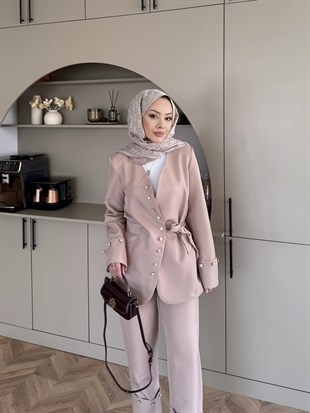 Luser Düğme Detaylı Ceket Takım Vizon