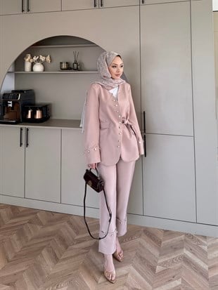 Luser Düğme Detaylı Ceket Takım Vizon