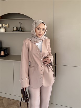 Luser Düğme Detaylı Ceket Takım Vizon